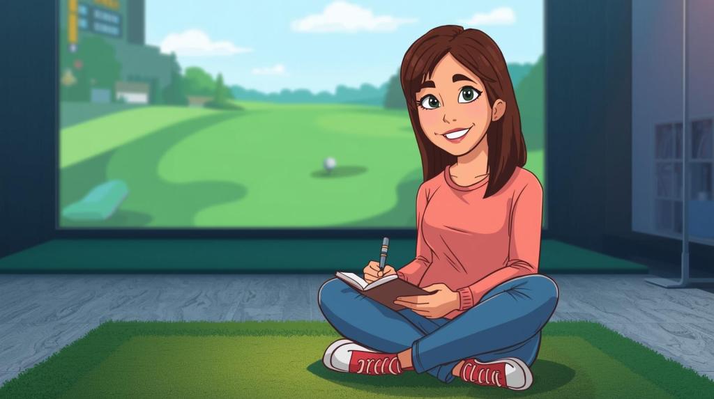 cartoon woman writing a story while sitting on the floor of a golf simulator