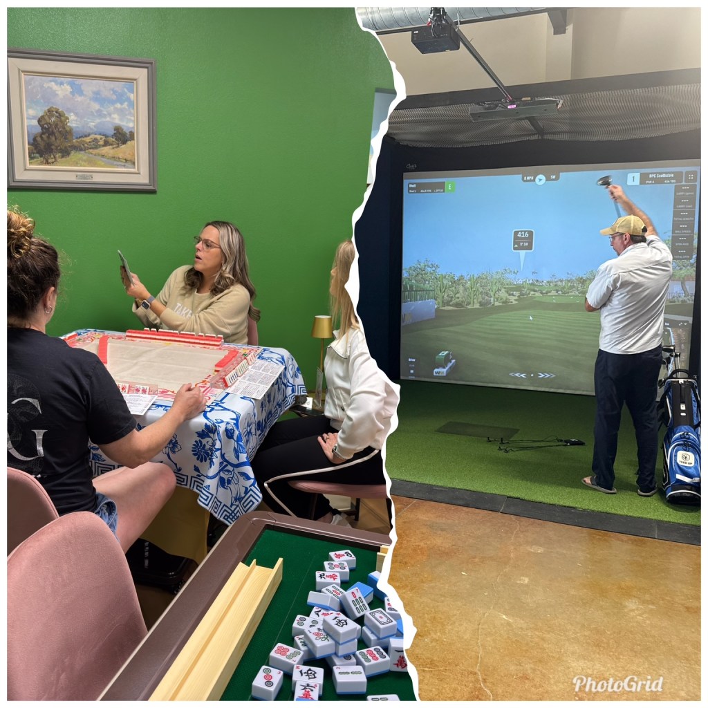 photo grid with three women playing mahjong in picture on the left and a man golfing in a golf simulator in a houston area bar on the right